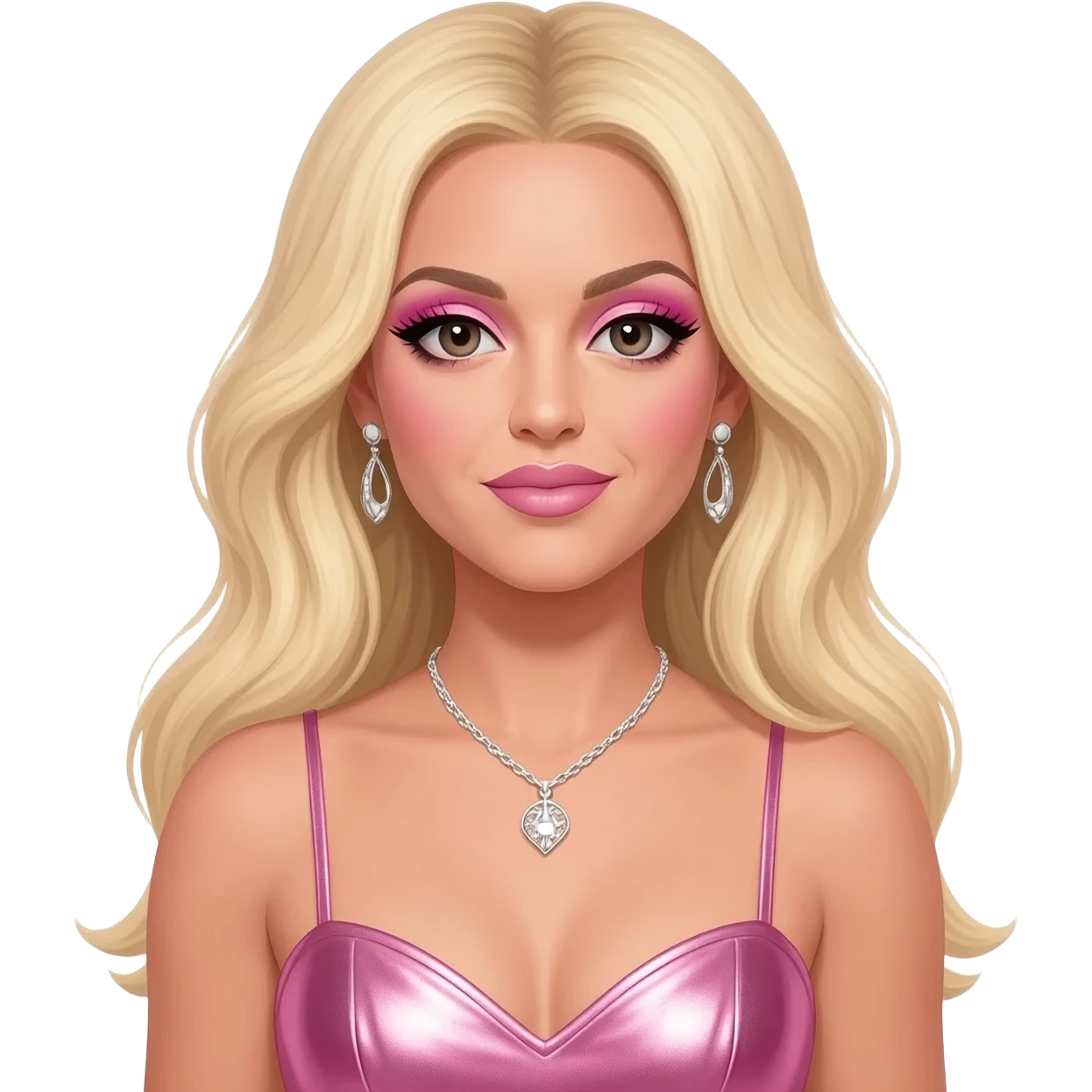 Britney Spears with long blonde hair, pink eyeshadow and lipstick, pink metallic sweetheart dress, silver necklace and earrings emoji