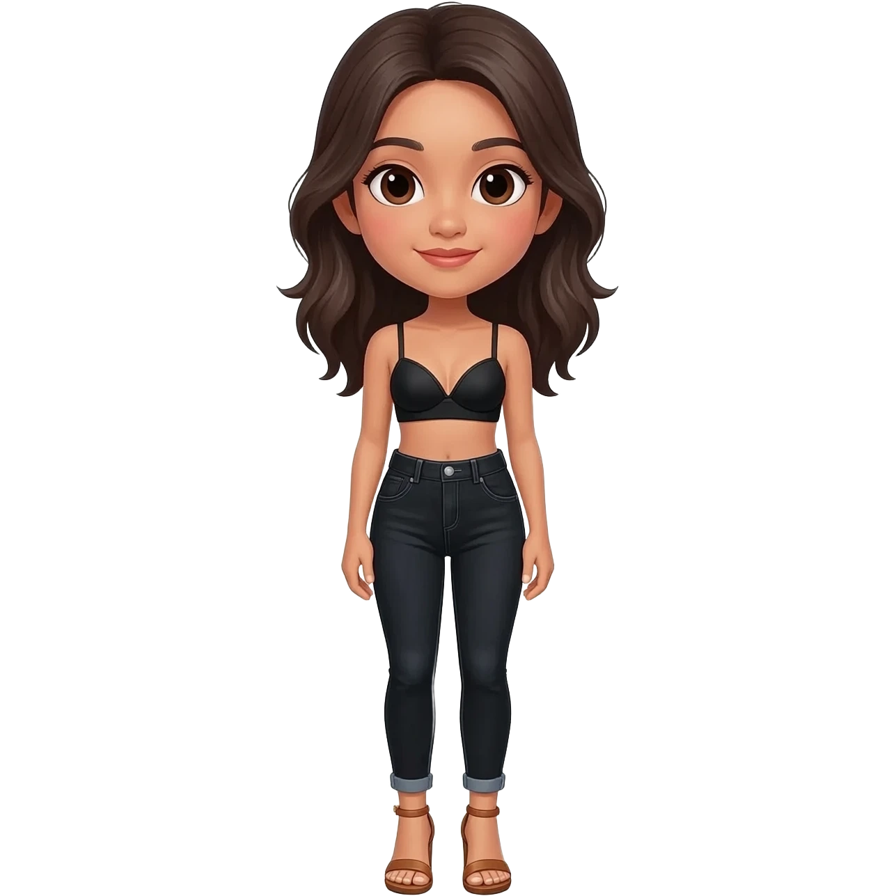 Filipino girl black bra  top and high waisted black jeans  with feet stand straight body wear  high heels sandals brown stand straight emoji