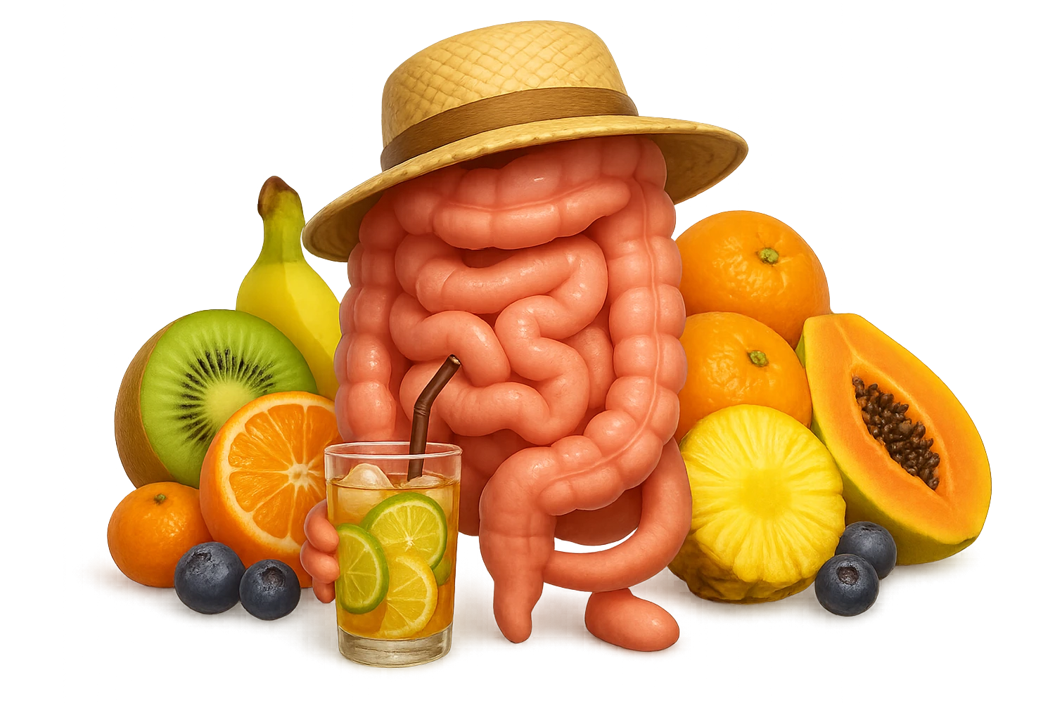 EMOJI STILE IPHONE DI INTESTINO UMANO REALISTICO CON CAPPELLO DI PAGLIA DA SPIAGGIA CHE BEVE UN Tè FREDDO IN BICCHIERE DI VETRO CON DENTRO  fette di cetriolo, limone, lime, DIETRO L'INTESTINO C'è UNA MONTAGNA DI PEZZI DI FRUTTA: Kiwi
Banana acerba
Arance e mandarini
Mirtilli
Ananas
Papaya
IPERREALISTICO 4K emoji