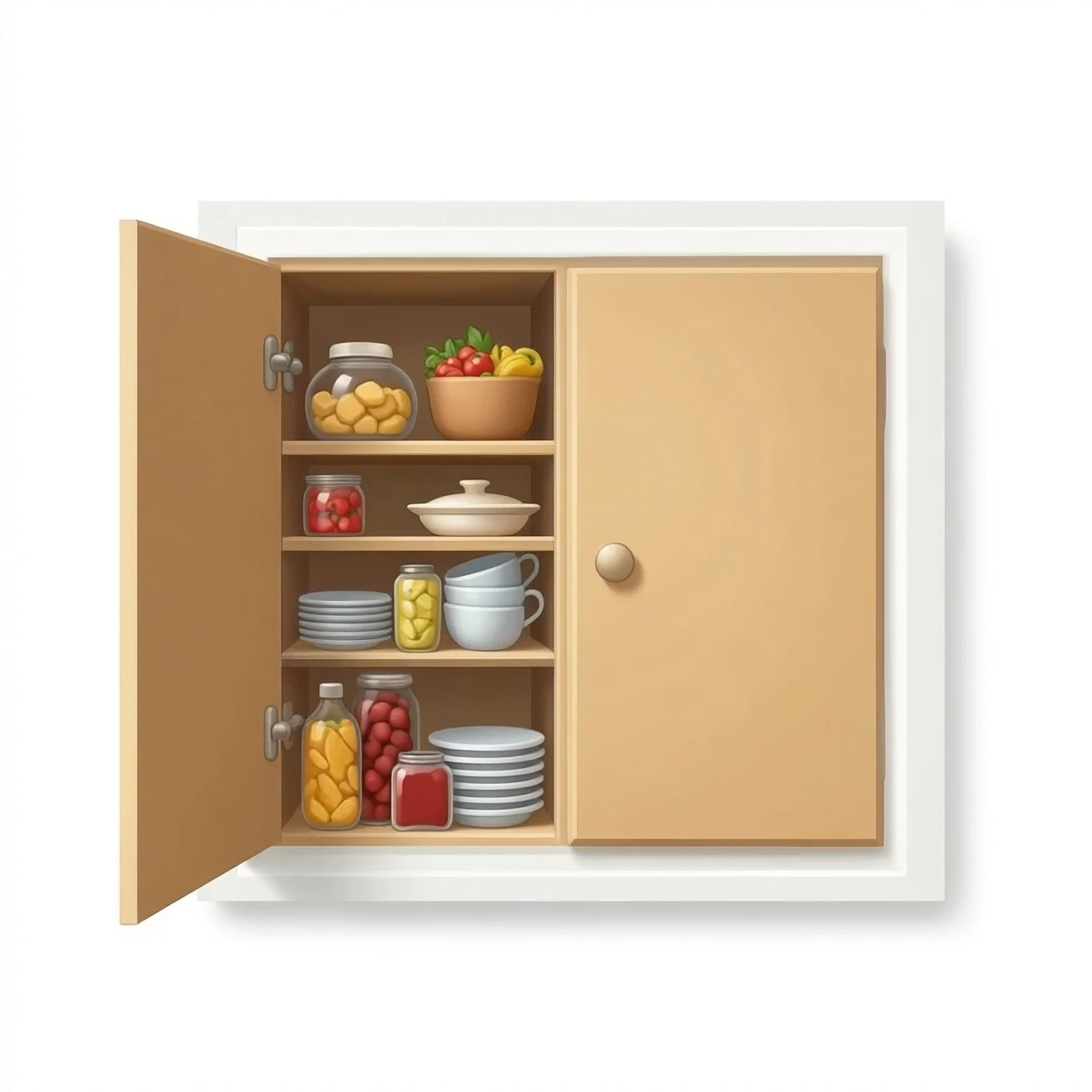 Kitchen cupboard, one door open, one door closed, inside filled with food and crockery emoji