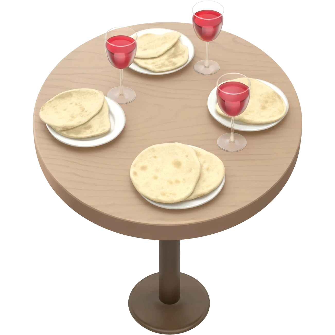 round table with 3 glass of wine and 3 plates of plain pita emoji