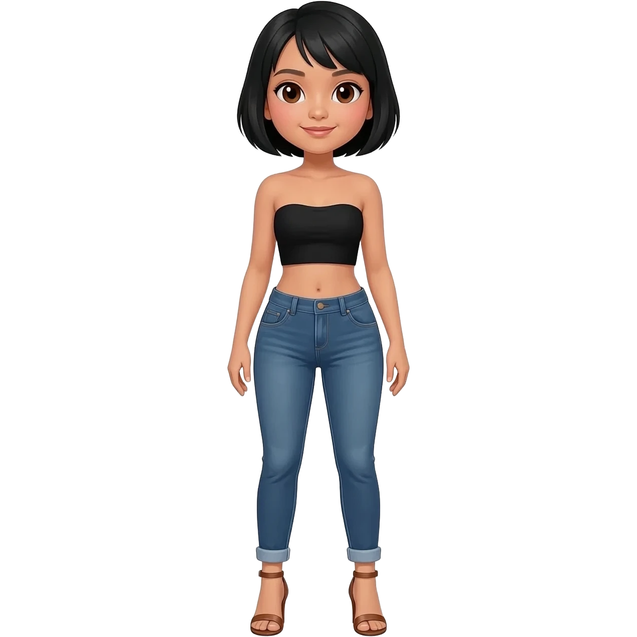 Filipino girl black bra strapless top and low waisted denim jeans  with feet stand straight body wear pageant high heels sandals brown emoji