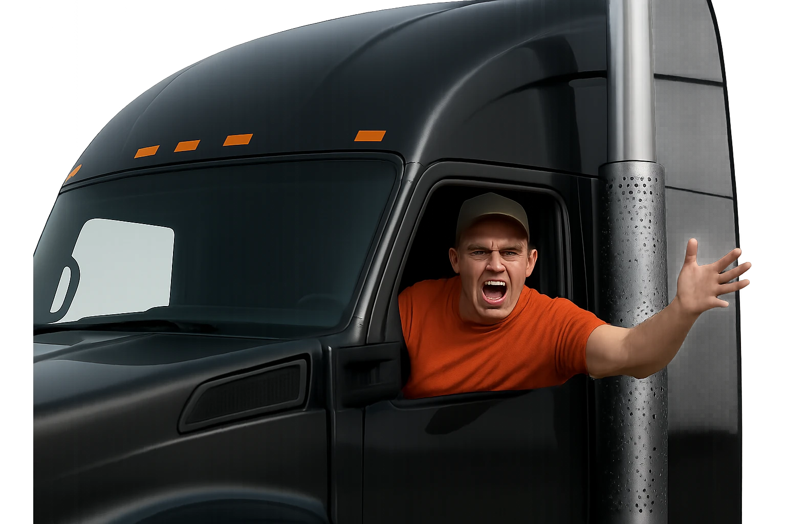 Zoom in closer on the cab of the truck. Make the person in the truck look angry, bald, wearing an orange shirt and a baseball cap. Keep the truck black with a chrome stack. Maintain a transparent background. emoji