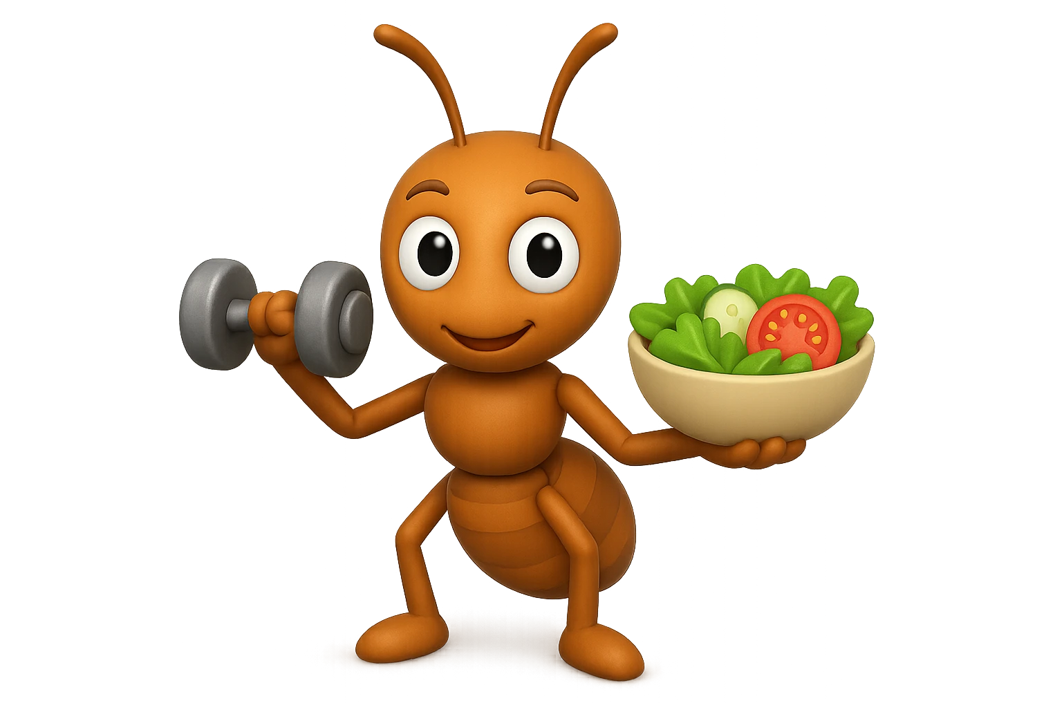 EMOJI STILE IPHONE 3D DI UNA formica CHE ha un manubrio da palestra nella mano destra e un insalata nella mano sinistra, FAGLI GLI OCCHI CON LA PARTE BIANCA, NON SOLO LA PUPILLA emoji