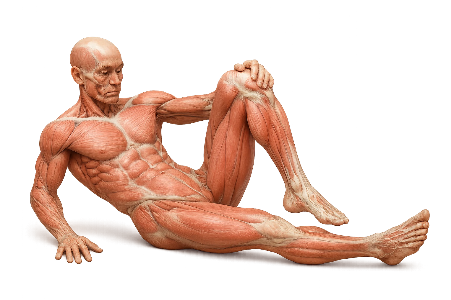 CORPO UMANO ANATOMICO REALISTICO CHE SVOLGE UN ESERCIZIO DI MOBILITà ALLE ANCHE, iperrealistico 4k emoji