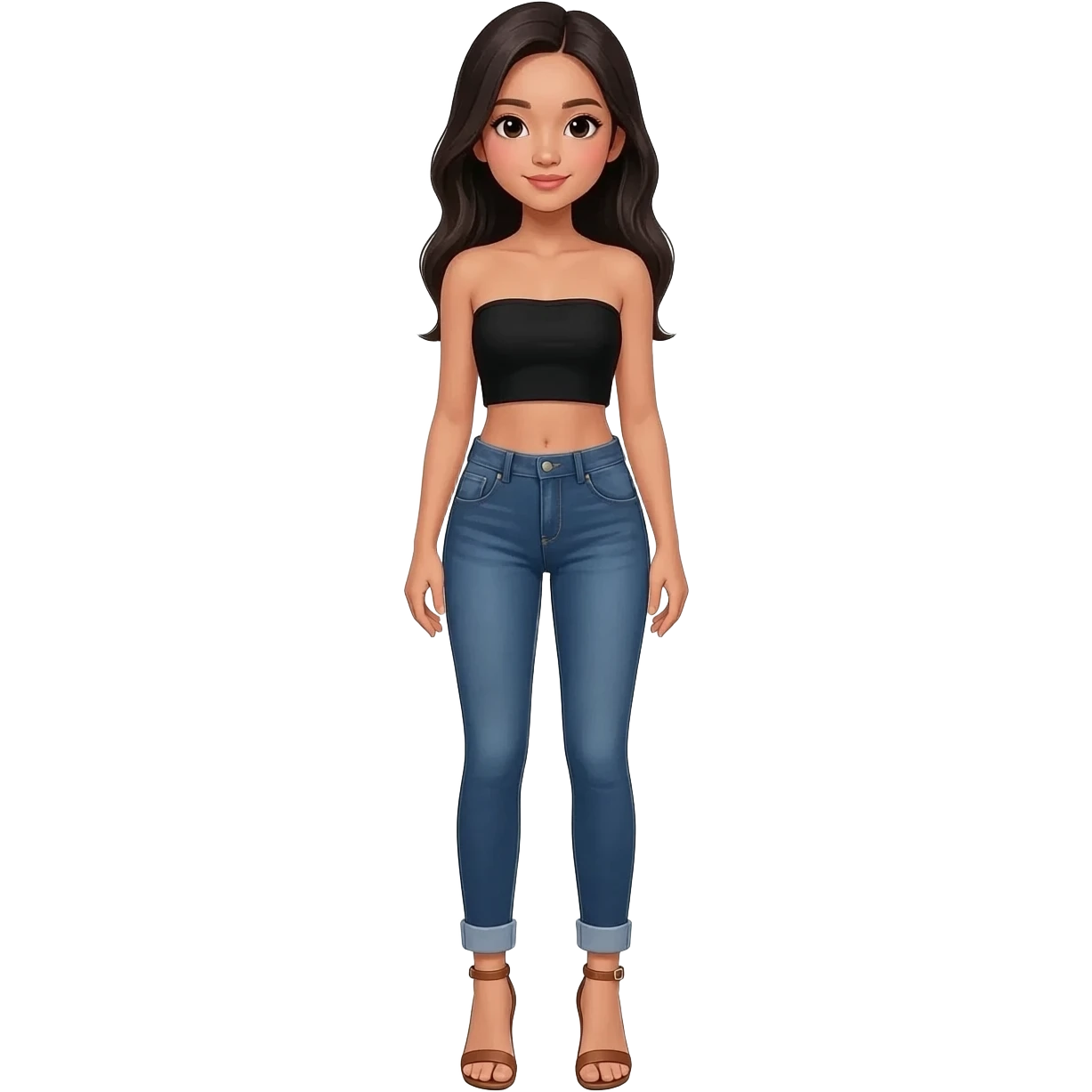 Filipino girl black bra strapless top and low waisted denim jeans  with feet stand straight body wear pageant high heels sandals brown emoji