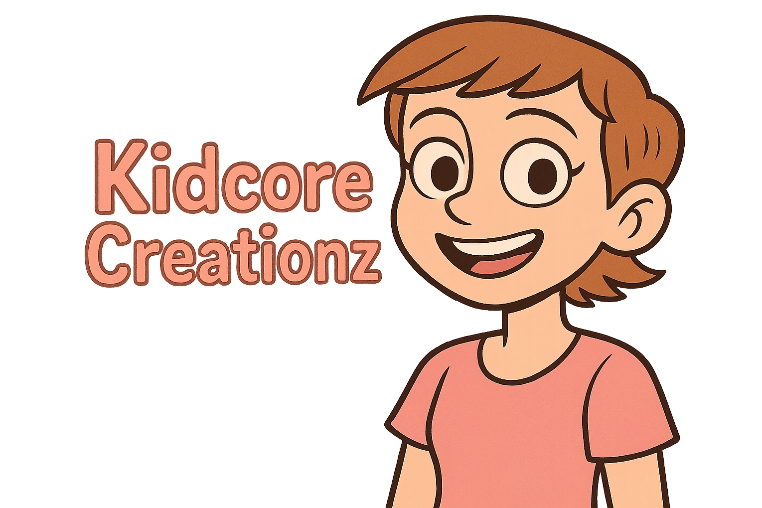 Lightskin girl with a pixie cut
pink blouse
brown eyes
expression is smiling
Add the word Kidcore Creationz in Pink emoji