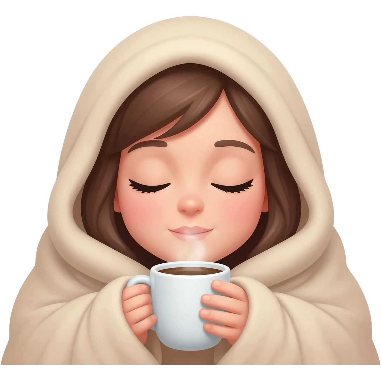 girl inside a blanket sipping coffee eyes closed emoji