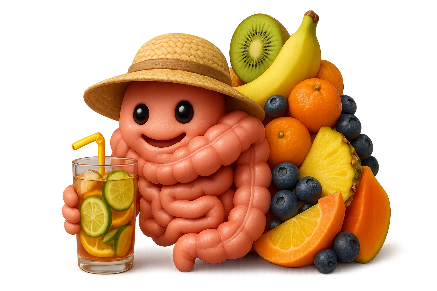 EMOJI STILE IPHONE DI INTESTINO UMANO REALISTICO CON CAPPELLO DI PAGLIA DA SPIAGGIA CHE BEVE UN Tè FREDDO IN BICCHIERE DI VETRO CON DENTRO  fette di cetriolo, limone, lime, DIETRO L'INTESTINO C'è UNA MONTAGNA DI PEZZI DI FRUTTA: Kiwi
Banana acerba
Arance e mandarini
Mirtilli
Ananas
Papaya
IPERREALISTICO 4K emoji