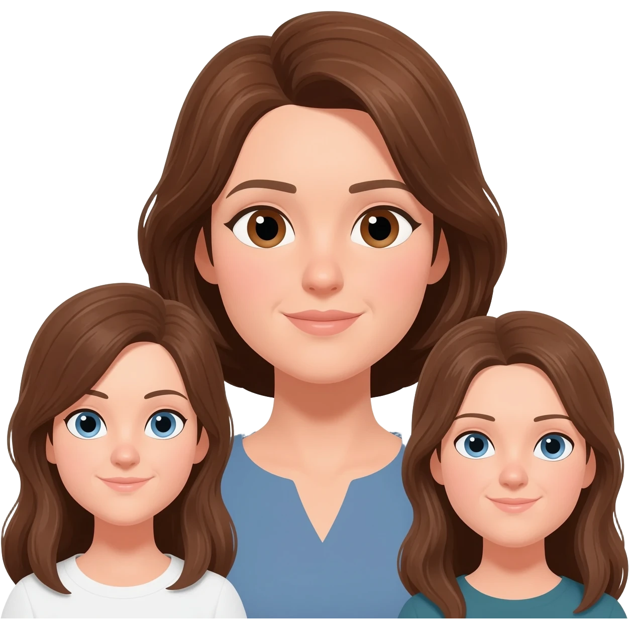 Mom (brown hair and brown eyes) and two adult daughters (brown hair and blue eyes) all with pale skin emoji