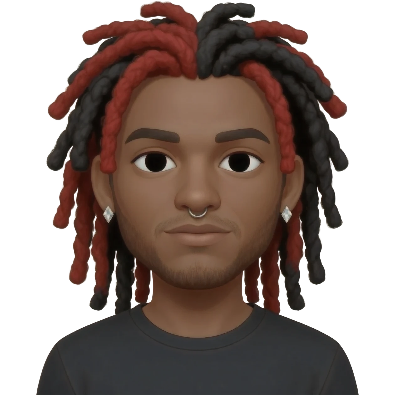 Create an emoji of Jotape MC. He has long red and black dreadlocks, a piercing on the left side of his nose, wears white diamond earrings in both ears, and has no beard. emoji
