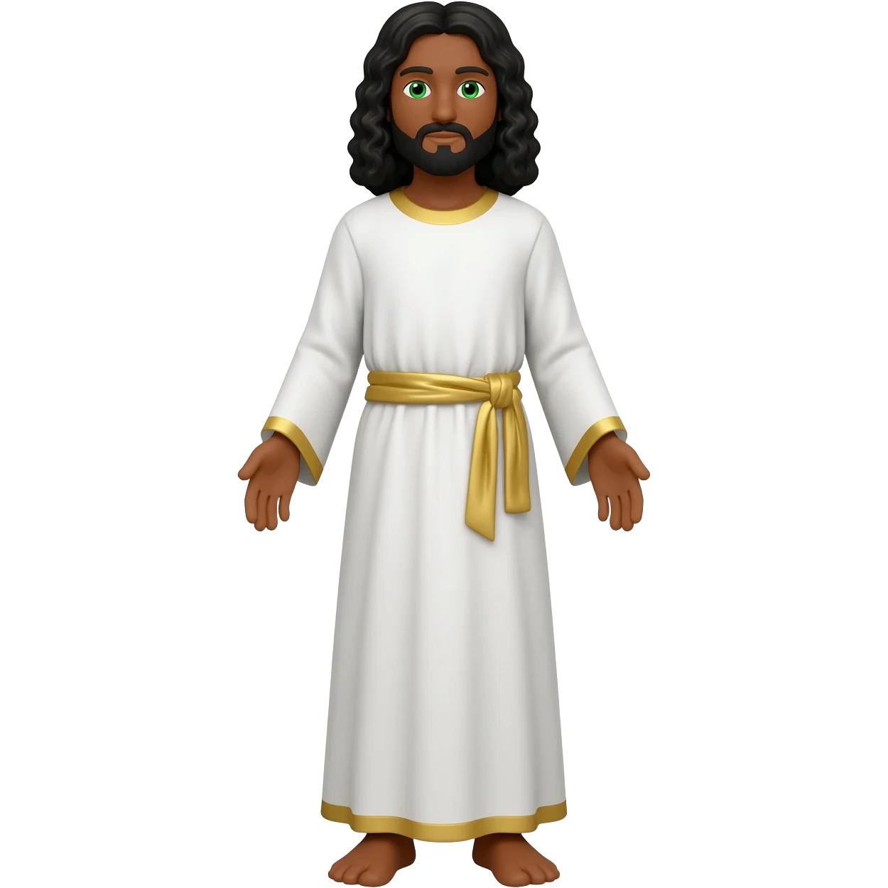 Male all white and gold linesbrown skin green eyes black beard and long black curly hair very tall Jesus Christ full body emoji