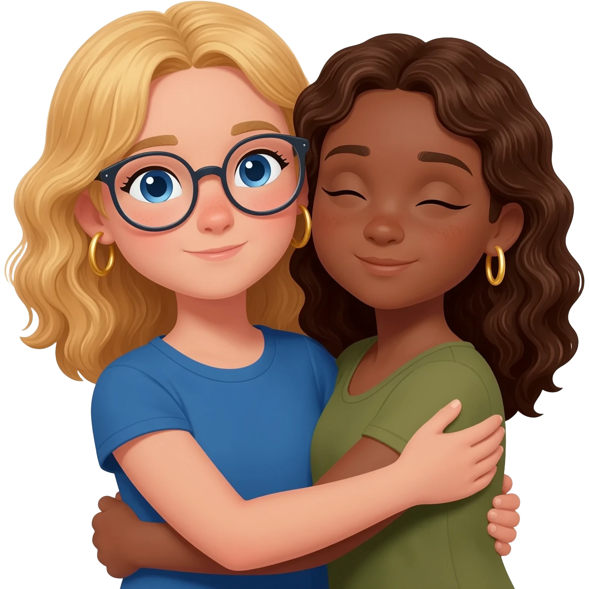 tan girl with blond wavy hair blue eyes no glasses age 10 gold hoop earrings wearing a blue top with an olive skin girl with brown wavy hair no glasses small gold hoop earrings hugging each other emoji