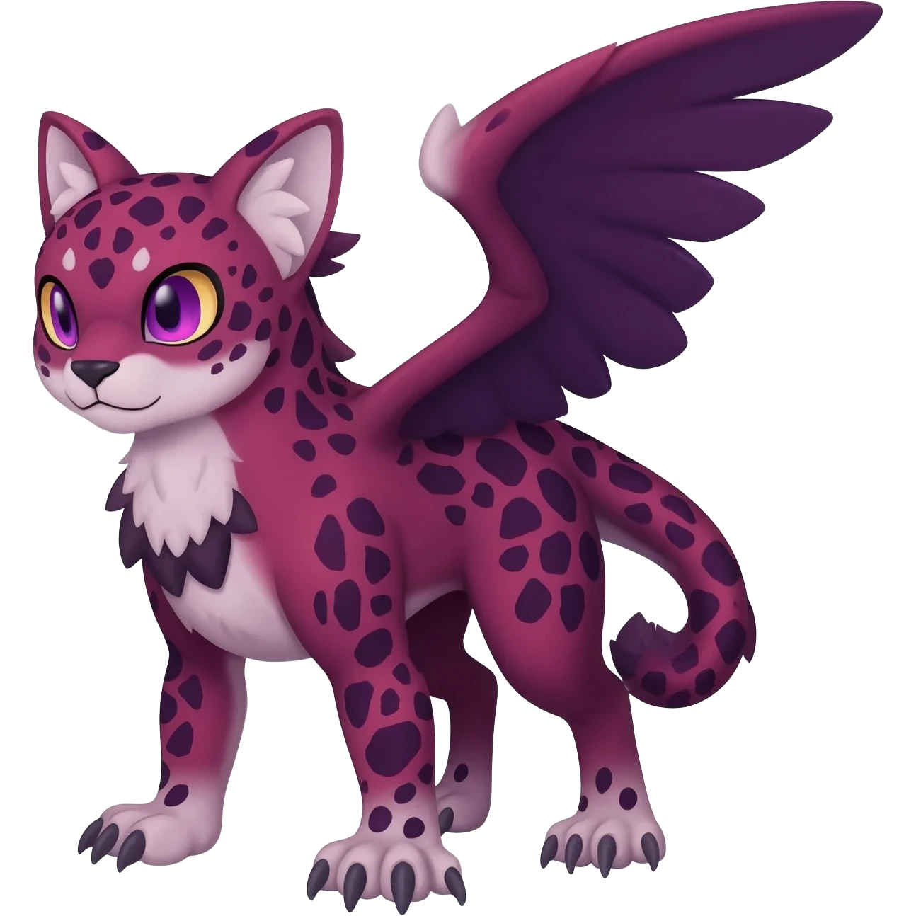 Winged hyper-realistic Feral Rare realistic edgy burgundy-purple pretty beautiful handsome gorgeous aesthetic colorful vibrant Vernid-Trico-Silvally-Nargacuga-Gryphon-fusion-hybrid-species-Fakemon-creature by LiLaiRa, random markings, tufted ears, full body with snow-leopard-pattern-markings emoji