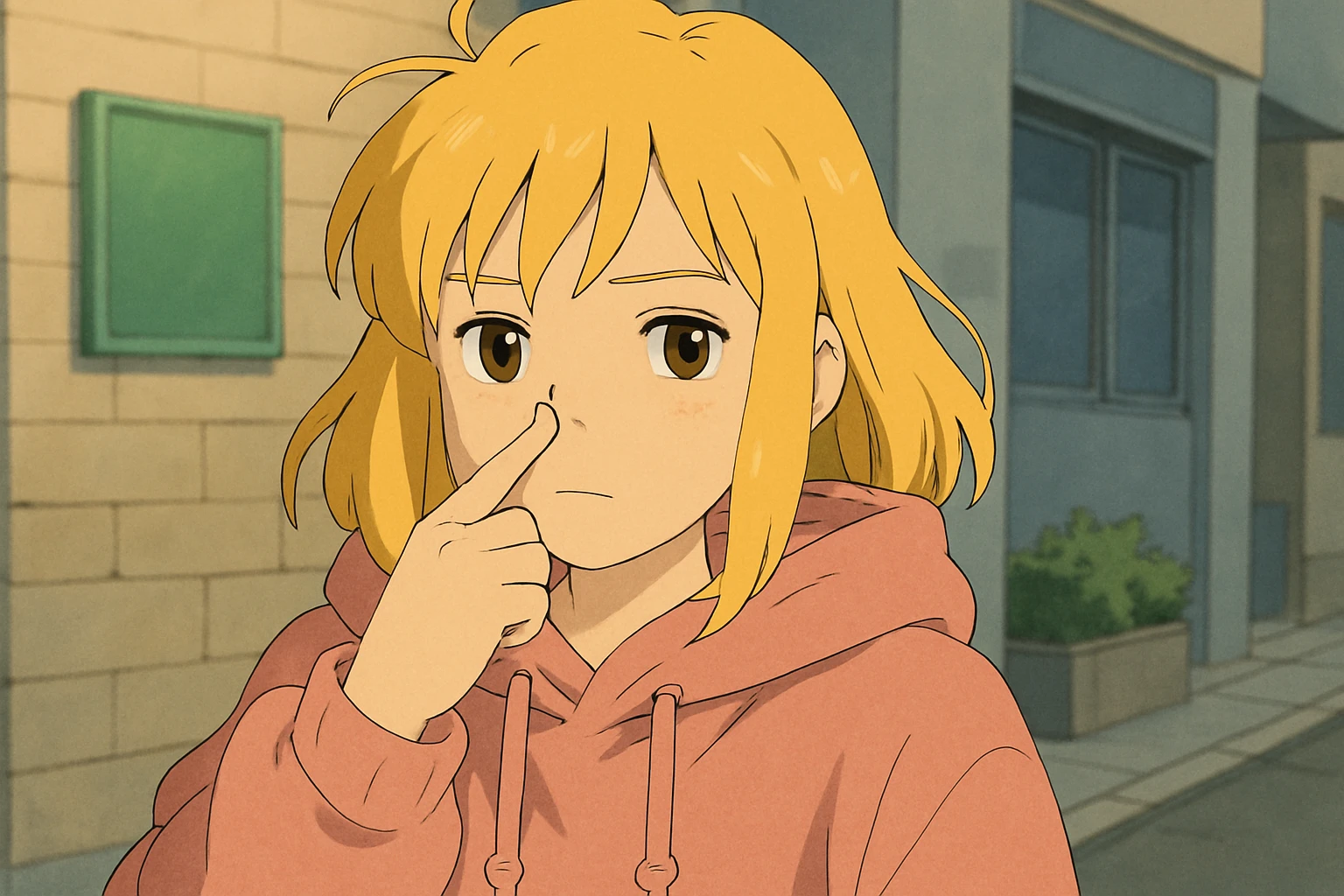 A girl yellow hair brown eyes pink Urban Heavy Loose Fit Hood Sweat touch your nose  emoji