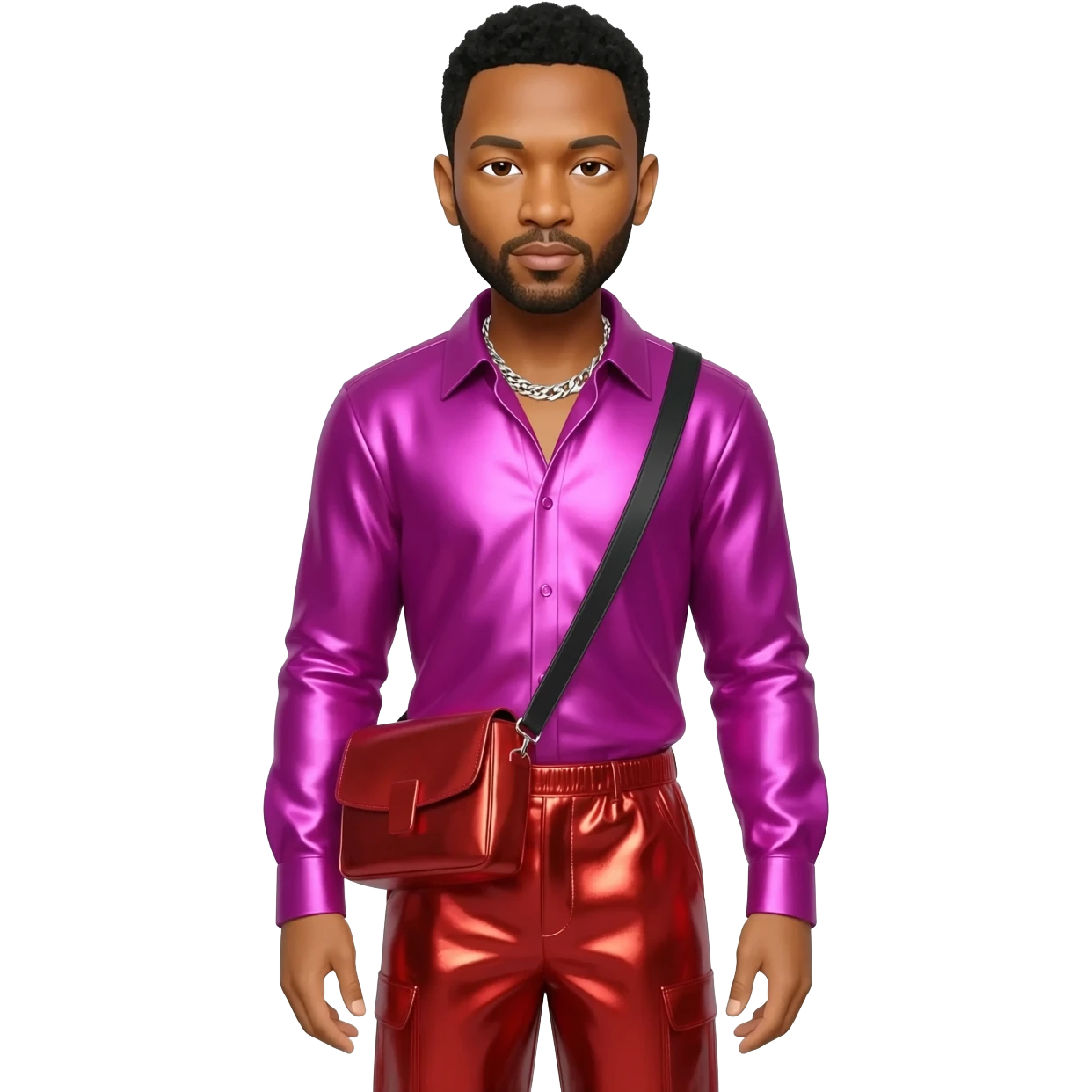 John Legend with black hair, fuchsia metallic shirt, red metallic baggy pants, silver necklace emoji