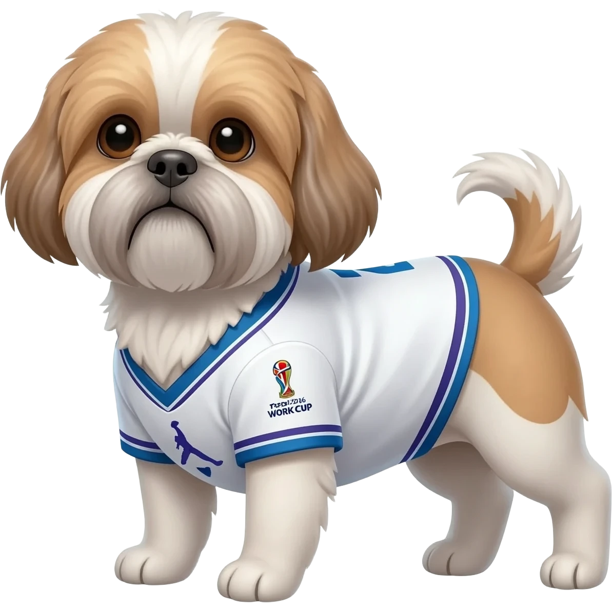 white and light brown shih zhu wearing a Jordan soccer jersey v neck 2026 work cup emoji