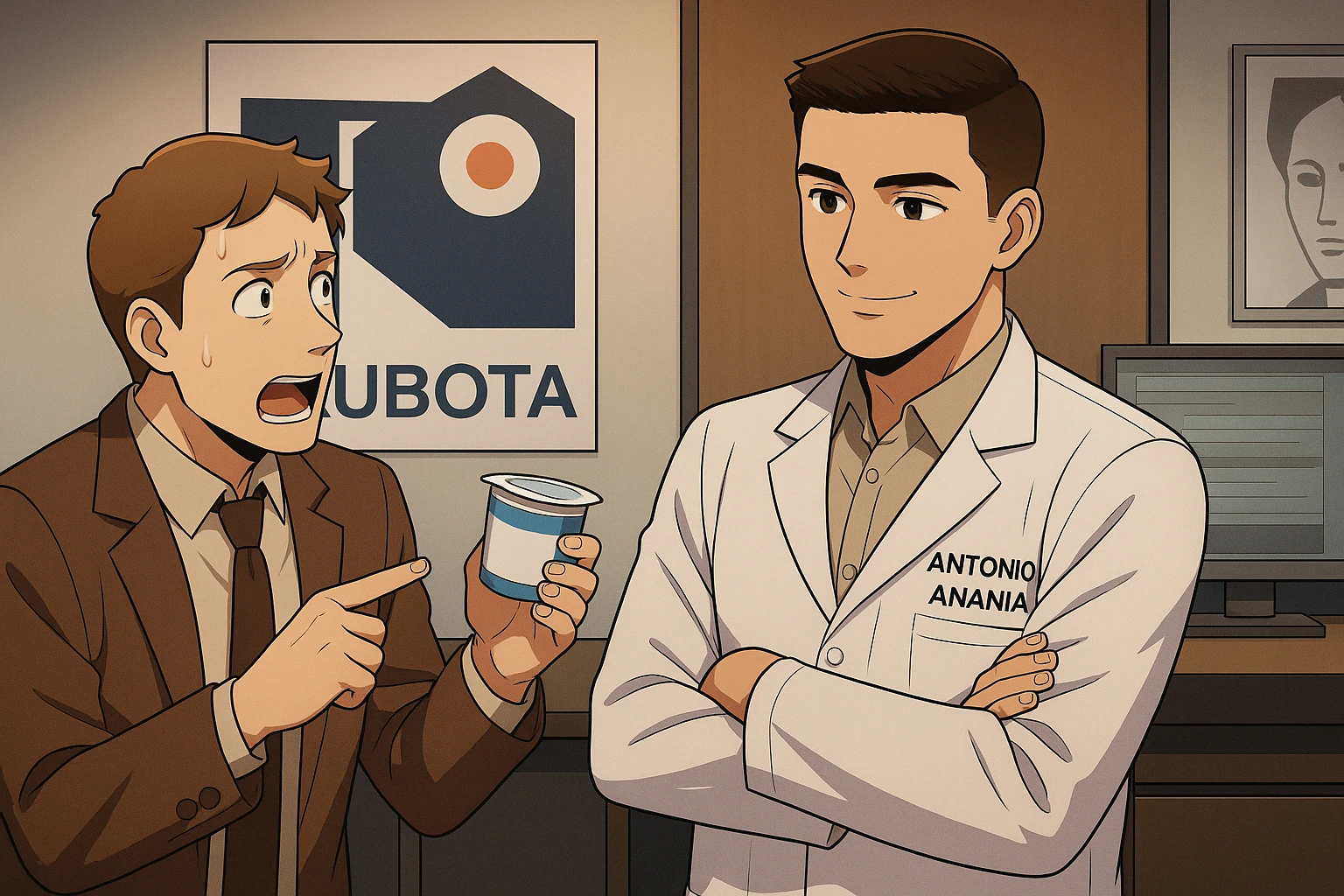 fai un webtoon manga a colori con questo stile, in cui un uomo chiede al kinesiologo con il camice bianco (fagli anche la scritta "ANTONIO ANANIA" SUL CAMICE, una domanda e il kinesiologo gli risponde, L'UOMO INDICA LO YOGURT CHE HA IN MANO ED è MOLTO ALLARMATO NEL FARE LA DOMANDA. non fare i fumetti però, fai solo in modo che sembri stiano parlando emoji