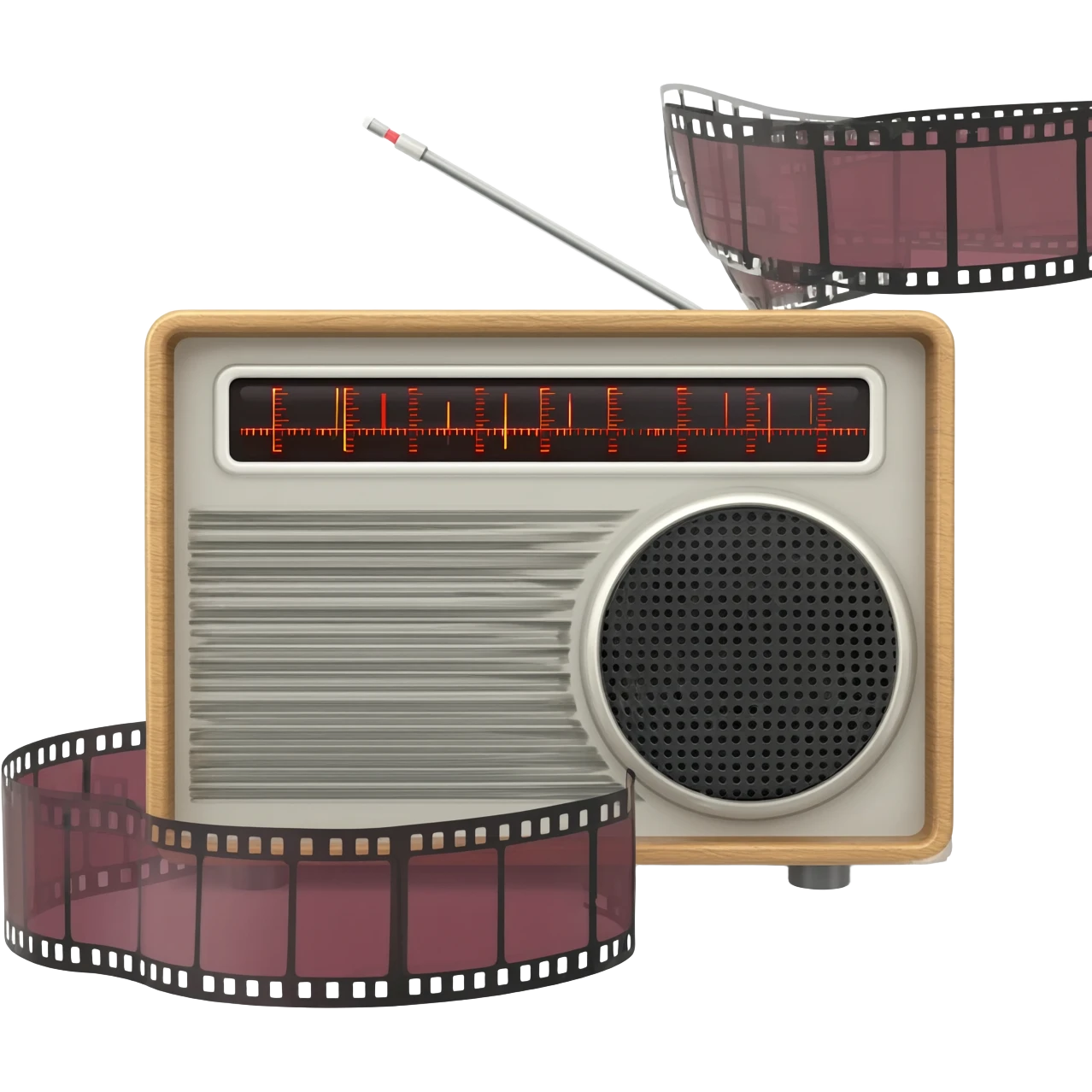 una radio que en su visor dice AM1460 en su rededor rollos de películas emoji