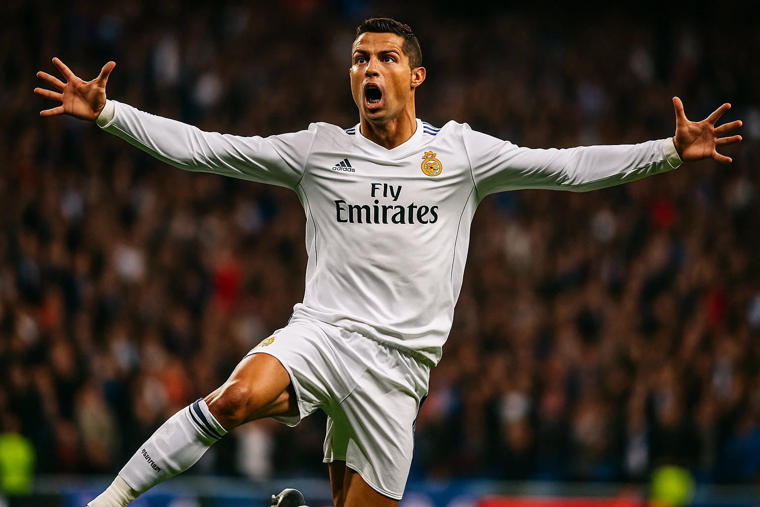 Cristiano Ronaldo in Real Madrid uniform jumping with arms outstretched, 'siu' celebration, dynamic action, crowd in background emoji
