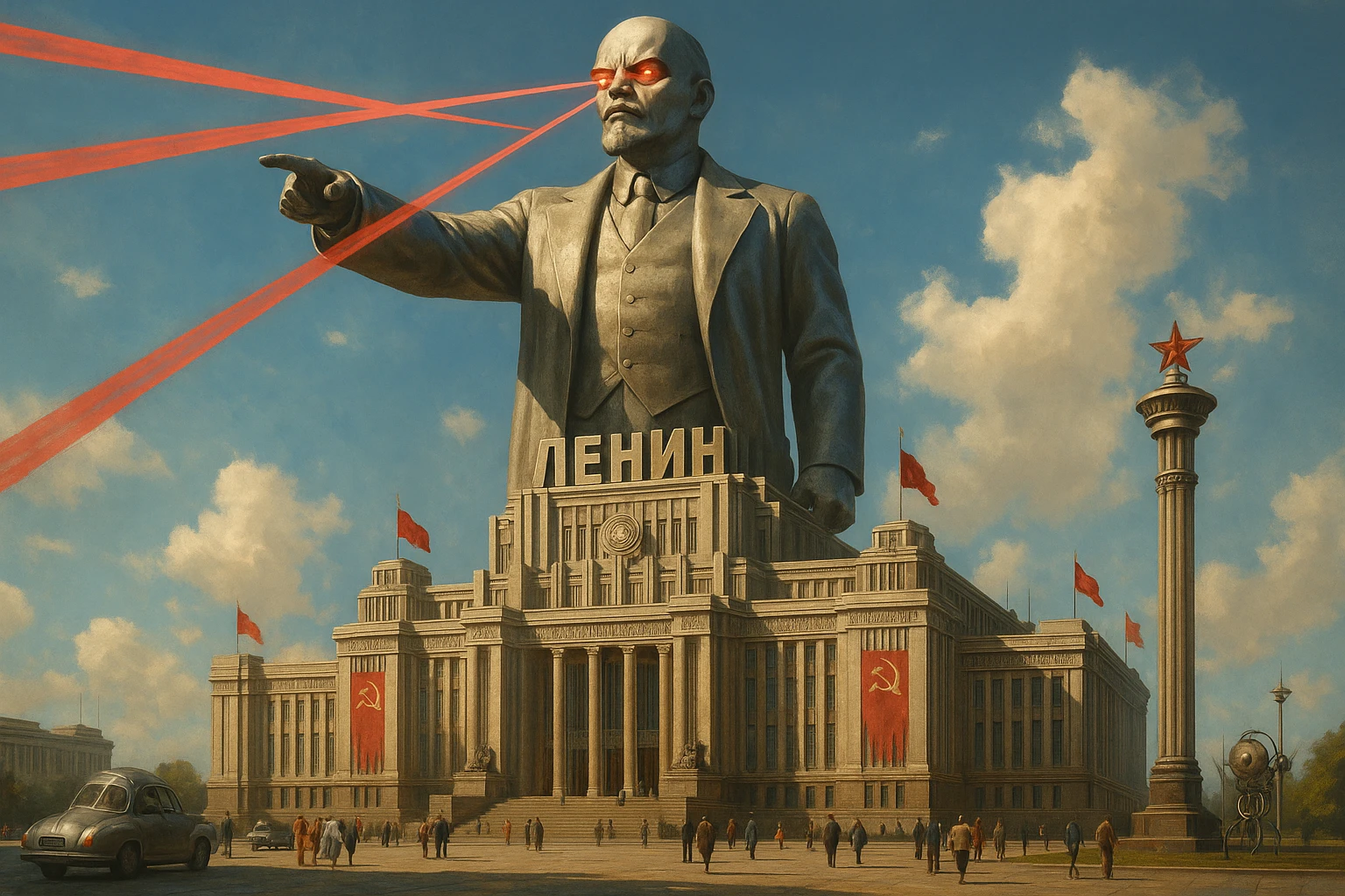 Дворец Советов реалистичный, как на фото. В стиле Atomic Heart, ретрокиберпанк. Упор на 100-метровую фигуру Ленина, у которой из глаз прожекторы лазерные. Светло, день emoji