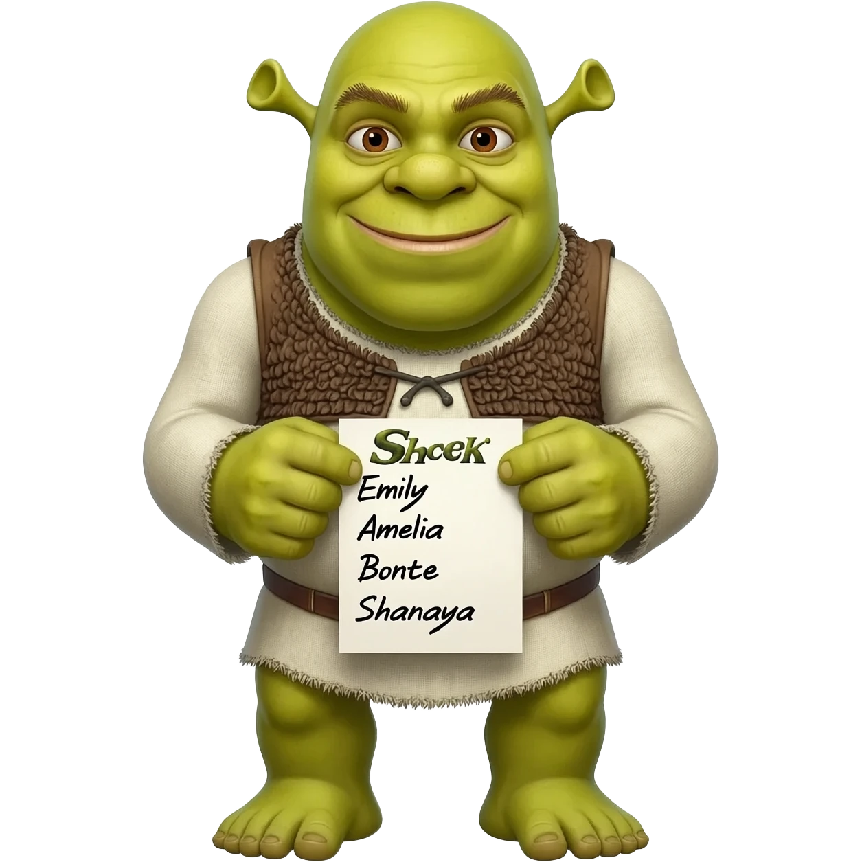 Shreck with a list that says Emily,Amelia,Bonte and Shanaaya emoji