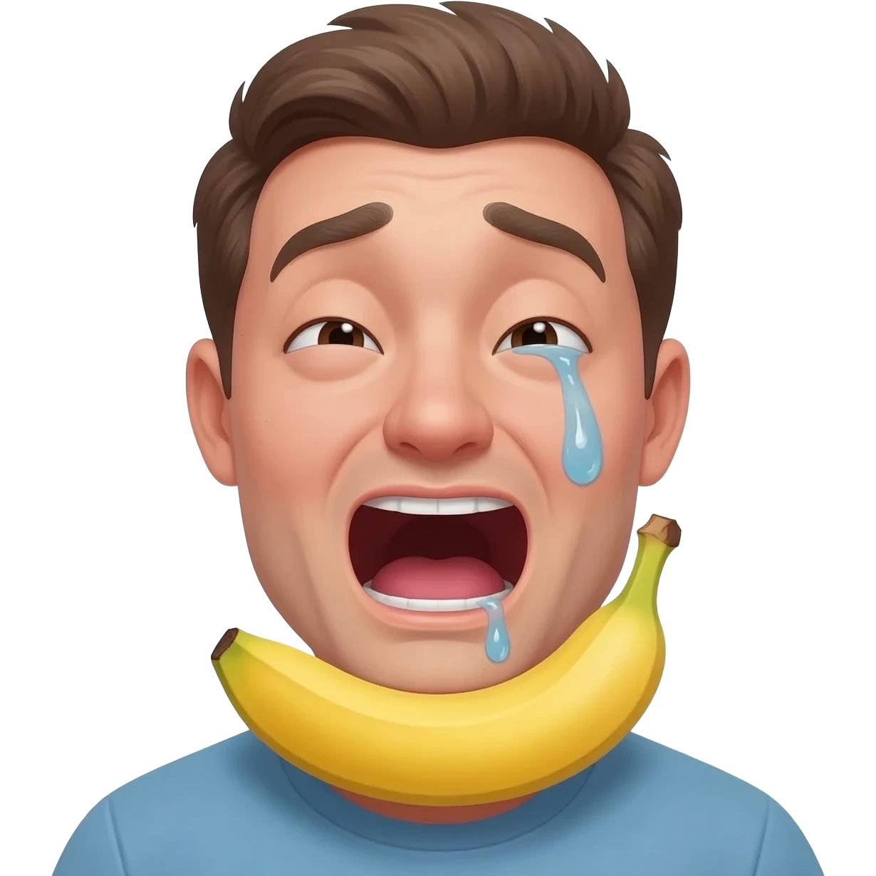 thirty year old guy with mouth wide open and lips around a banana  drooling from one side of his mouth and and tear in one eye emoji