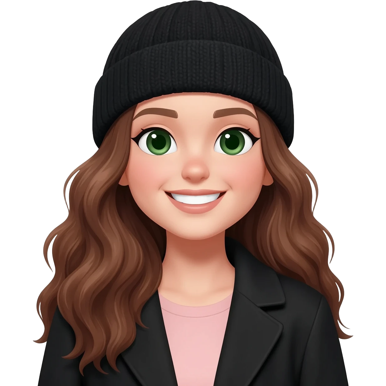 Create an emoji illustration of a smiling young woman with long, wavy brown hair and fair skin. She is wearing a black knit beanie and a black coat over a soft light pink top. She has dark green eyes and a natural smile. emoji