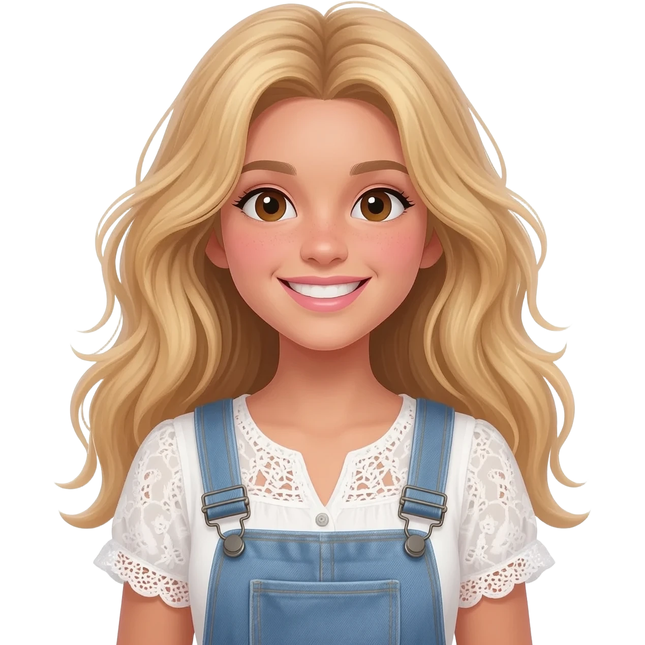 create an emoji of a teenage woman, slightly tanned skin, smile. she looks pure and innocent, extremely long blond messy hair, dark brown eyes, natural pinky blushed lips. she wears a white laced blouse short sleeves and a denim overall emoji