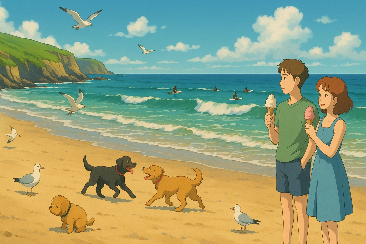 A landscape image of a beach in cornwall with seaguls, dogs playing on the beach, people standing on the beach eating ice cream, waves, surfers in the sea and a small fluffy dog having a poo on the sand emoji