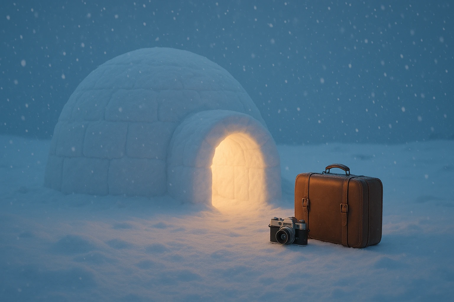 A cozy igloo with a suitcase and camera outside, snow falling gently, peaceful Arctic vacation vibe emoji