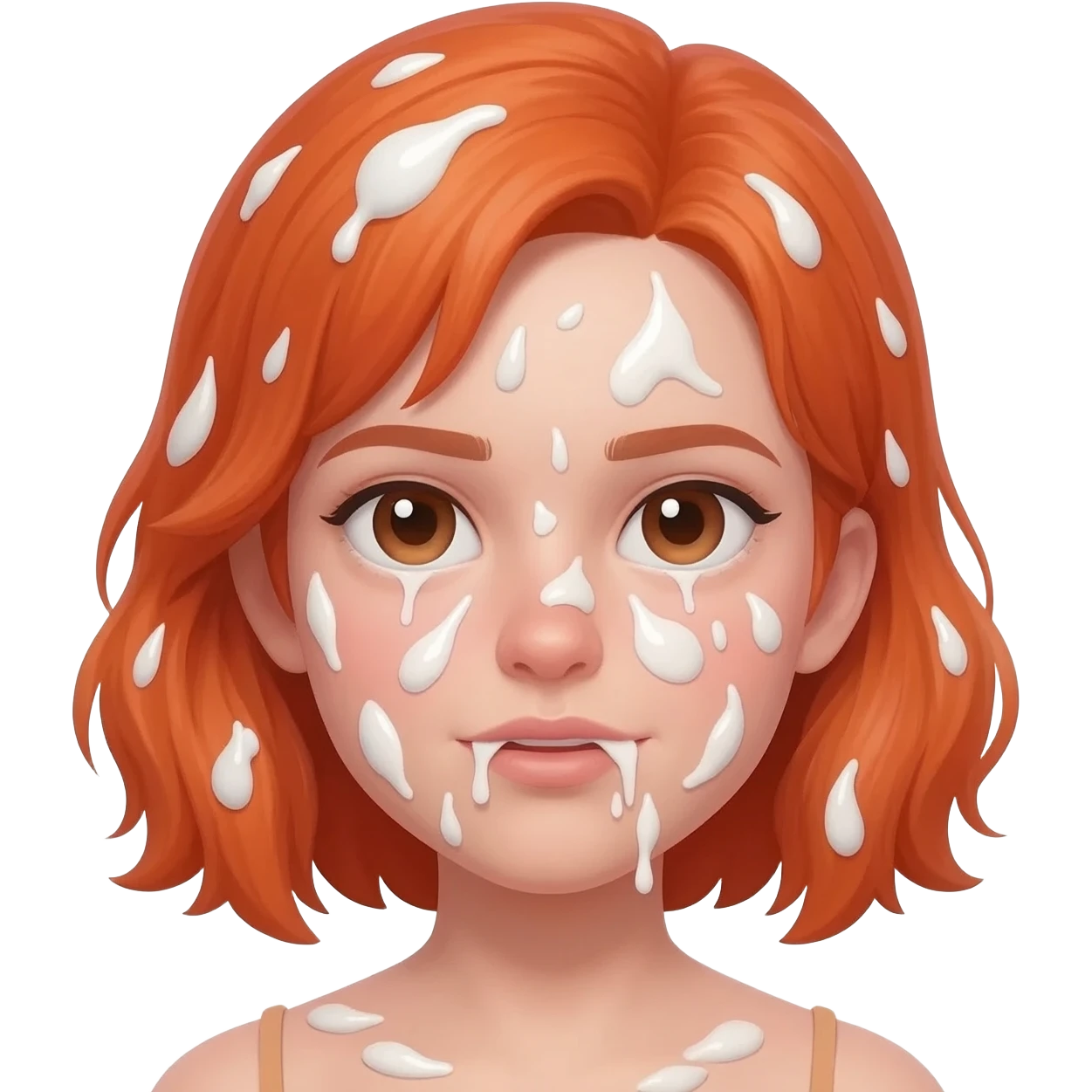 Junges Mädchen hübsches gesicht mit rot / orange haaren und ganz viel klebriges weißes sperma im gesicht verteilt über die nase, den mund, die haare und über die augen und es tropft schon ein bisschen runter emoji