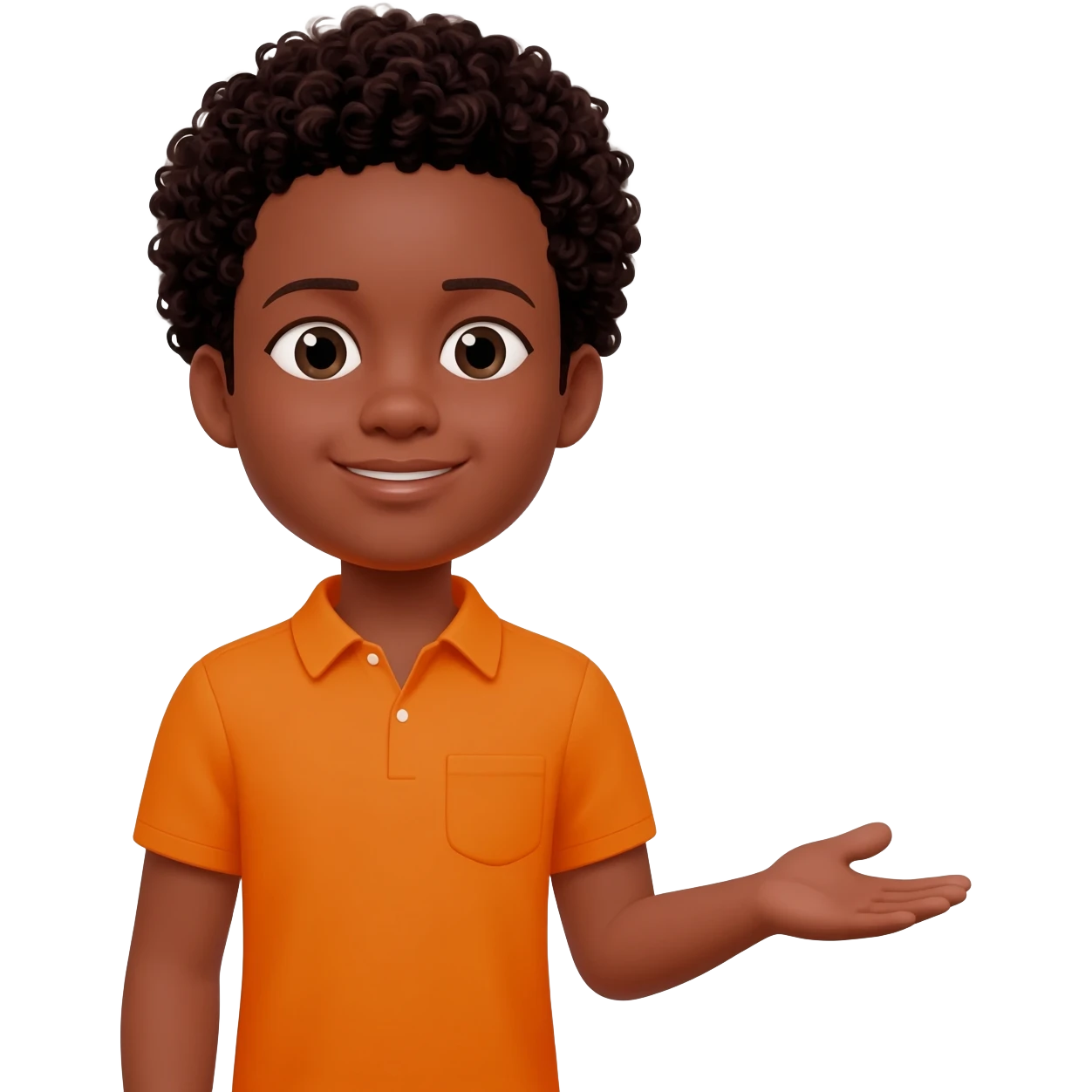 black boy curly hair orange shirt communicating I love you emoji