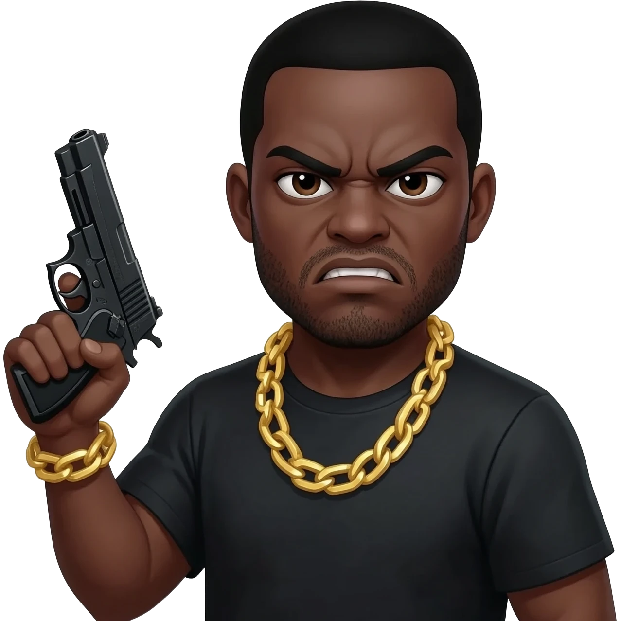 Dangerous black man with a gun and gold chains on his neck and angry looking emoji