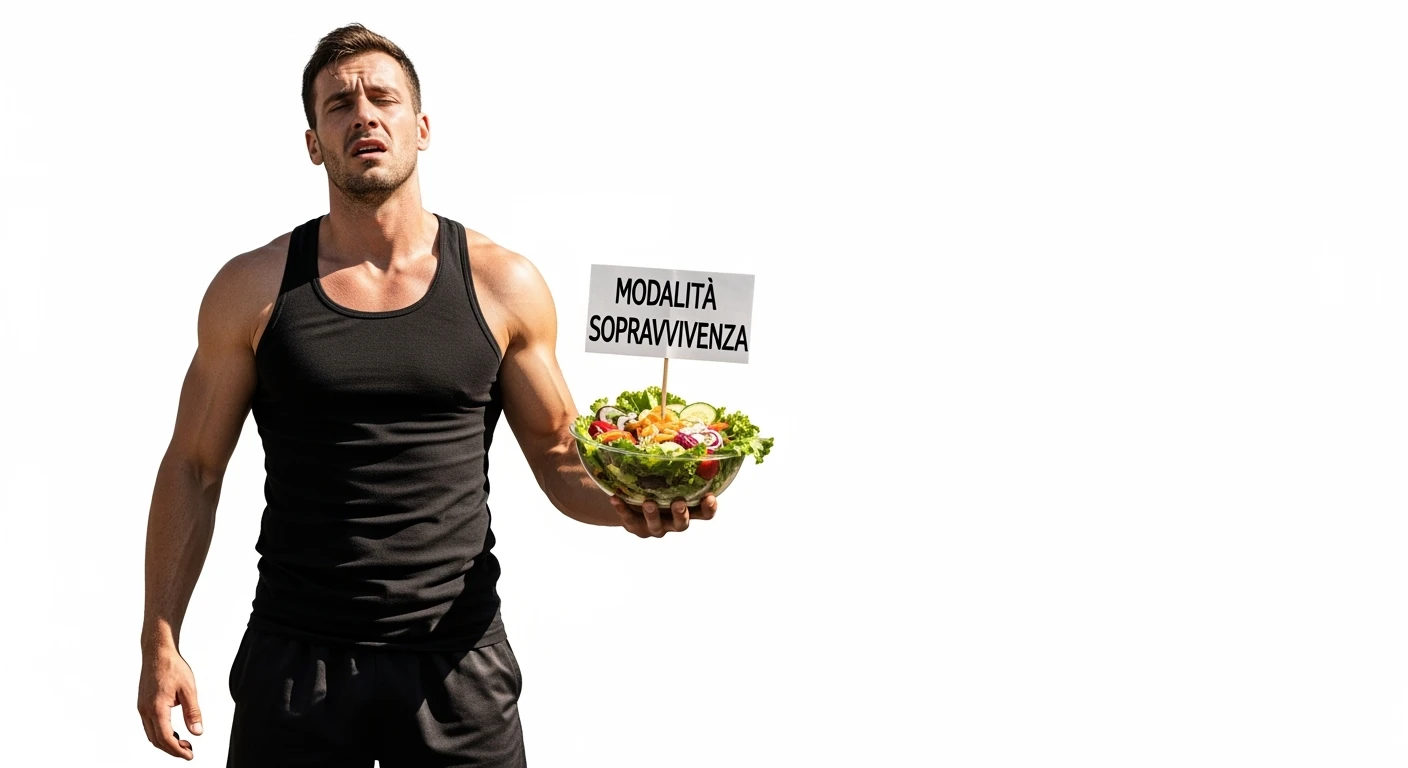 bodybuilder molto stanco e stressato con un insalata in mano, nell'insalata c'è un cartello con scritto "MODALITà SOPRAVVIVENZA", ISOLATO SU SFONDO BIANCO emoji