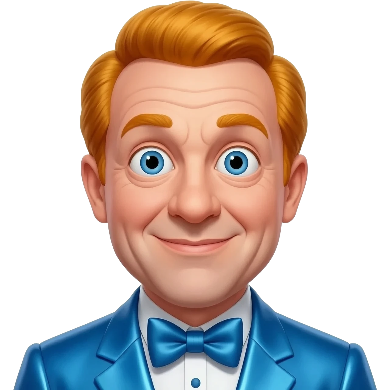 Curly Howard from The Three Stooges with blue eyes, reddish blonde hair, blue metallic suit with bow tie emoji