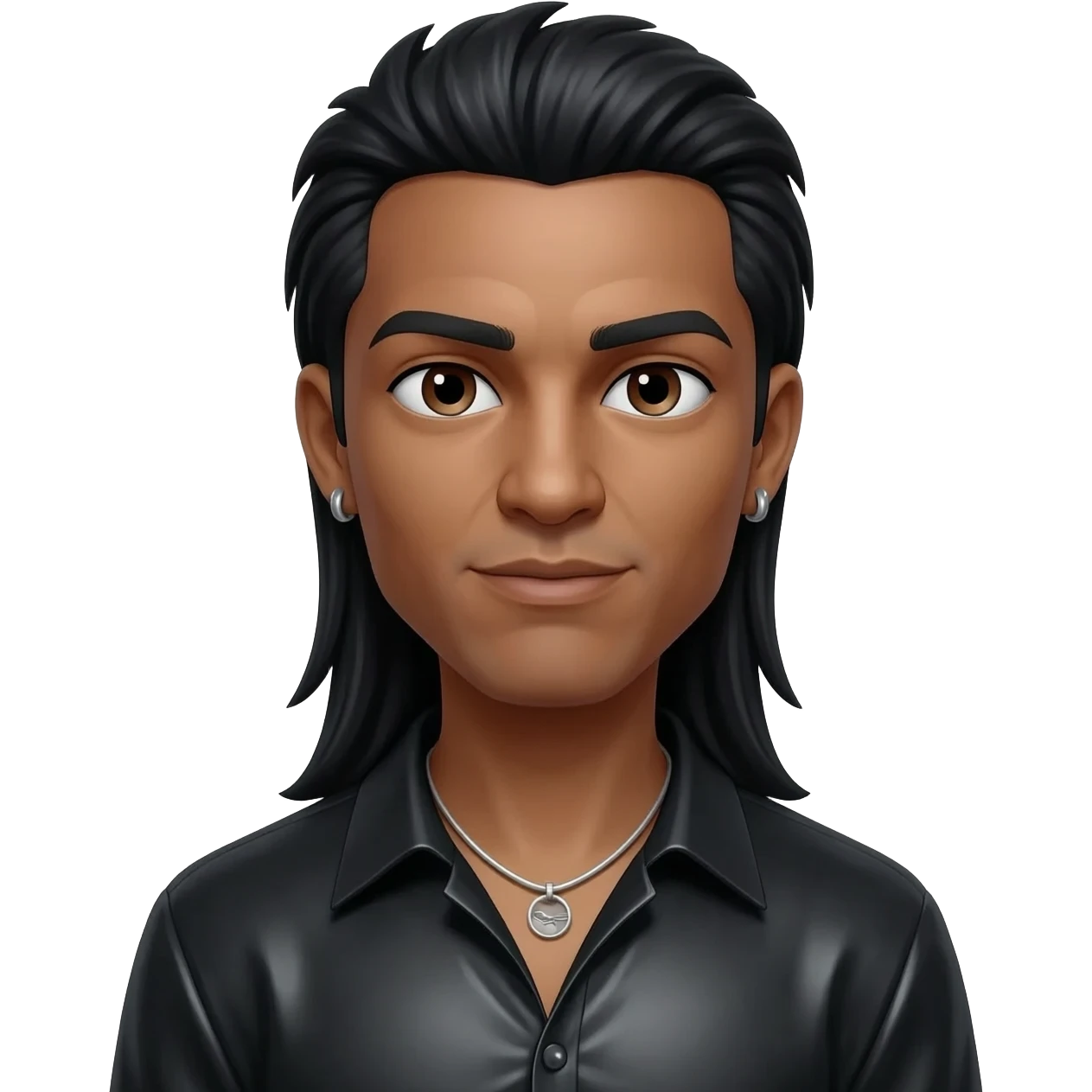 Bizzy Bone with light tan skin, dark brown eyes, long black hair, black metallic shirt, silver necklace and short earrings emoji