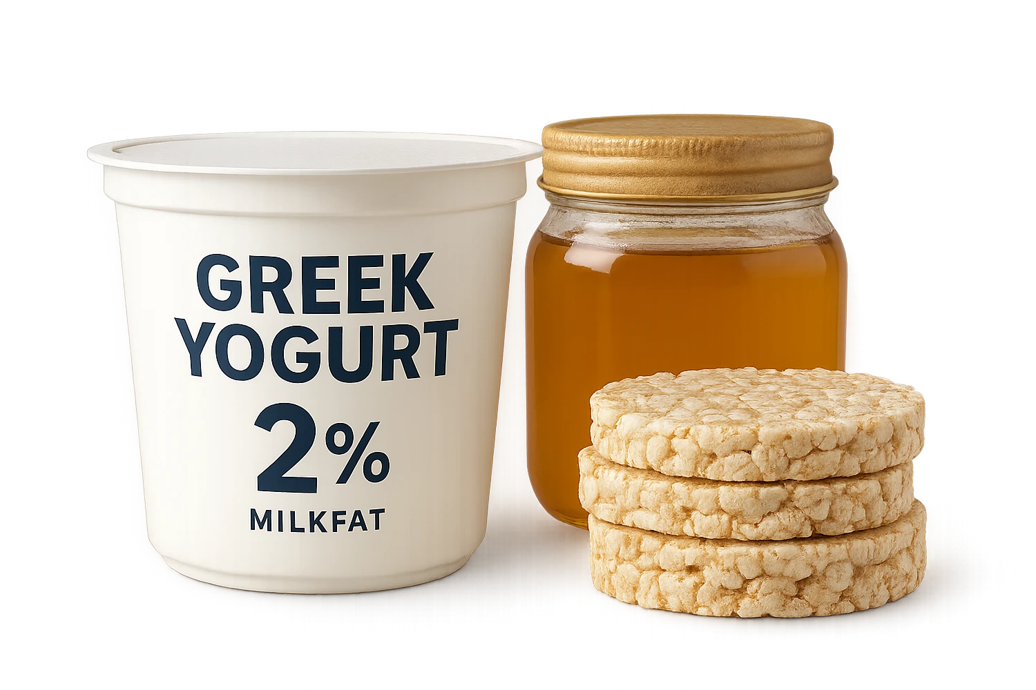 Yogurt Greco 2%
Miele (senza il cucchiaio di legno)
Gallette di Riso
vista frontale, iperrealistico 4k emoji