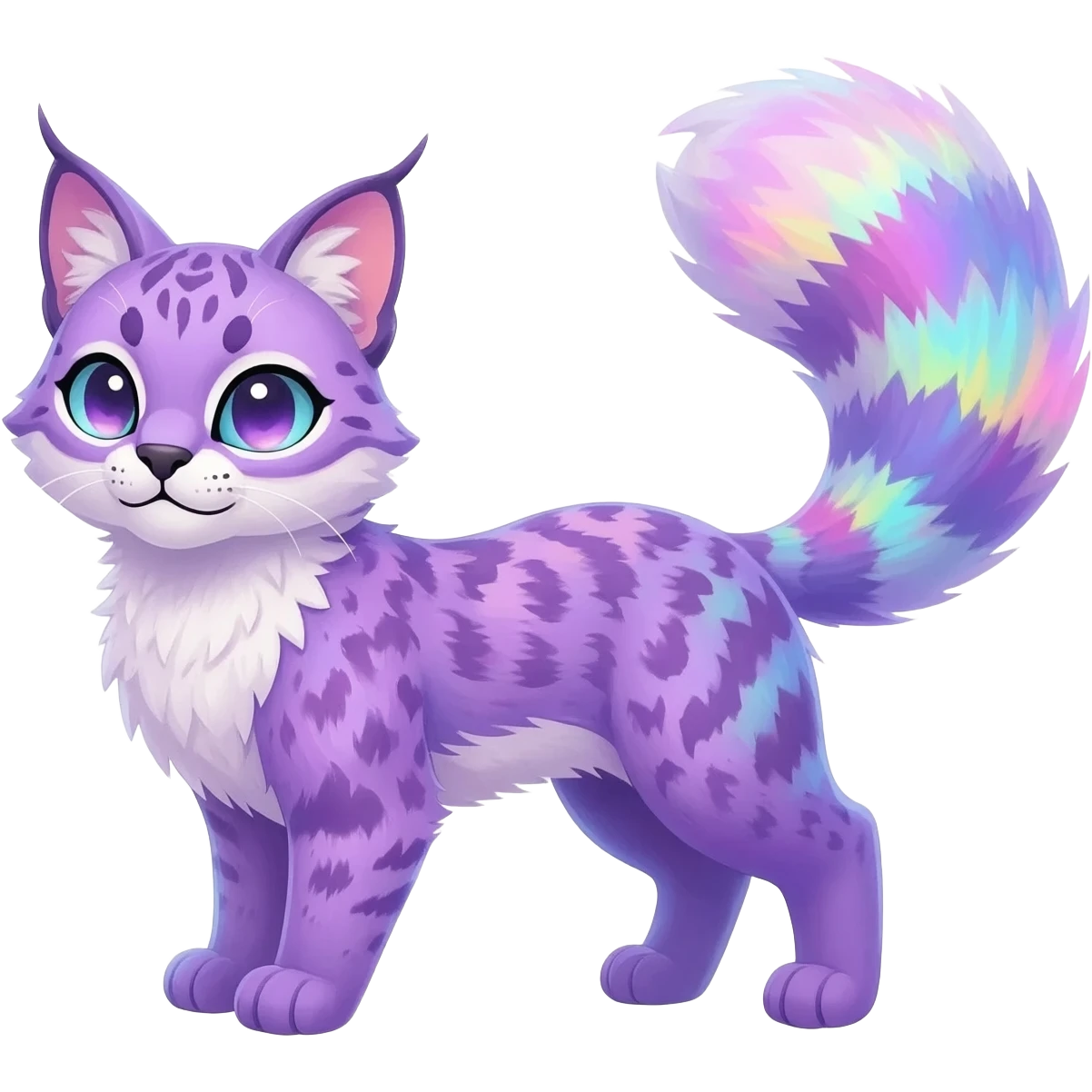 Colorful dark tropical pastel-lilac-lavender-violet iridescent pastel white glorious divine exotic cute cool beautiful shiny beautiful fantasy-caracal-civet-genet-sergal-vernid-Cacomistle-oncilla-animal-Fakémon-hybrid-fursona (full body) emoji