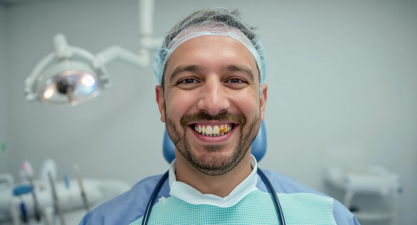 dentist smiling to camera with ugly teeth (bad and yellow teeth), cinematic shot, minimalistic clinic in background (doctor have only few teeths) emoji