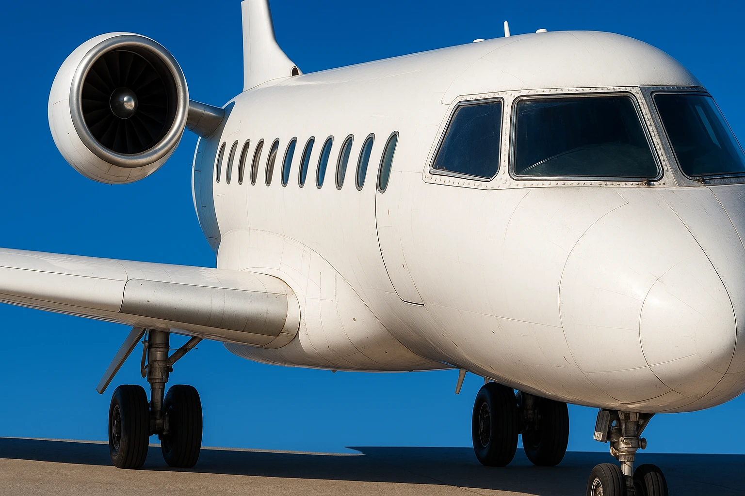 Recreate a realistic, detailed image of a white private jet airplane on the ground, with a clear blue sky background, matching the style and composition of the reference image. The style should be realistic and detailed as in the reference. emoji