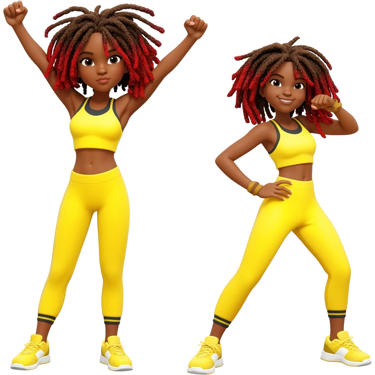African American girl with shoulder length dreadlocks brown with red tips,  In yellow working out clothes in various work out poses emoji