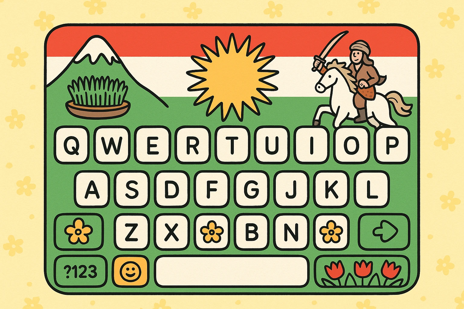 cartoon style mobile keyboard inspired by Kurdish culture, using colors of Kurdistan flag (green, white, red, yellow), featuring Nowruz flowers, sun in the middle of the flag, joyful and fantasy Kurdish elements, patterned and cheerful background, keys with soft cartoonish borders emoji