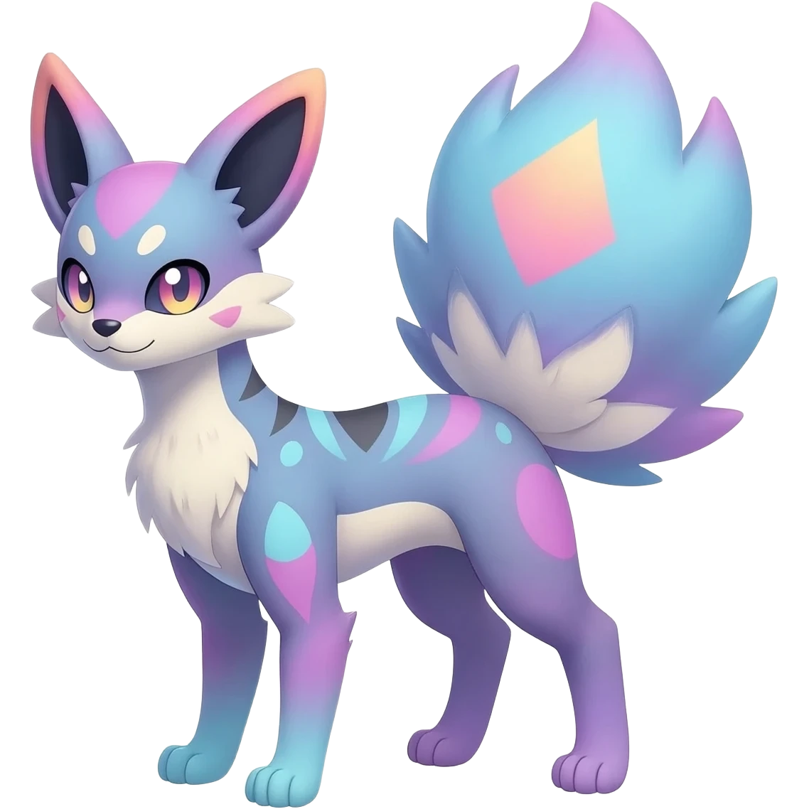 Feral Rare realistic edgy pretty beautiful handsome gorgeous pastel-gradient aesthetic colorful vibrant Vernid-Trico-species-Fakemon-creature by LiLaiRa, random markings, tufted ears, full body emoji
