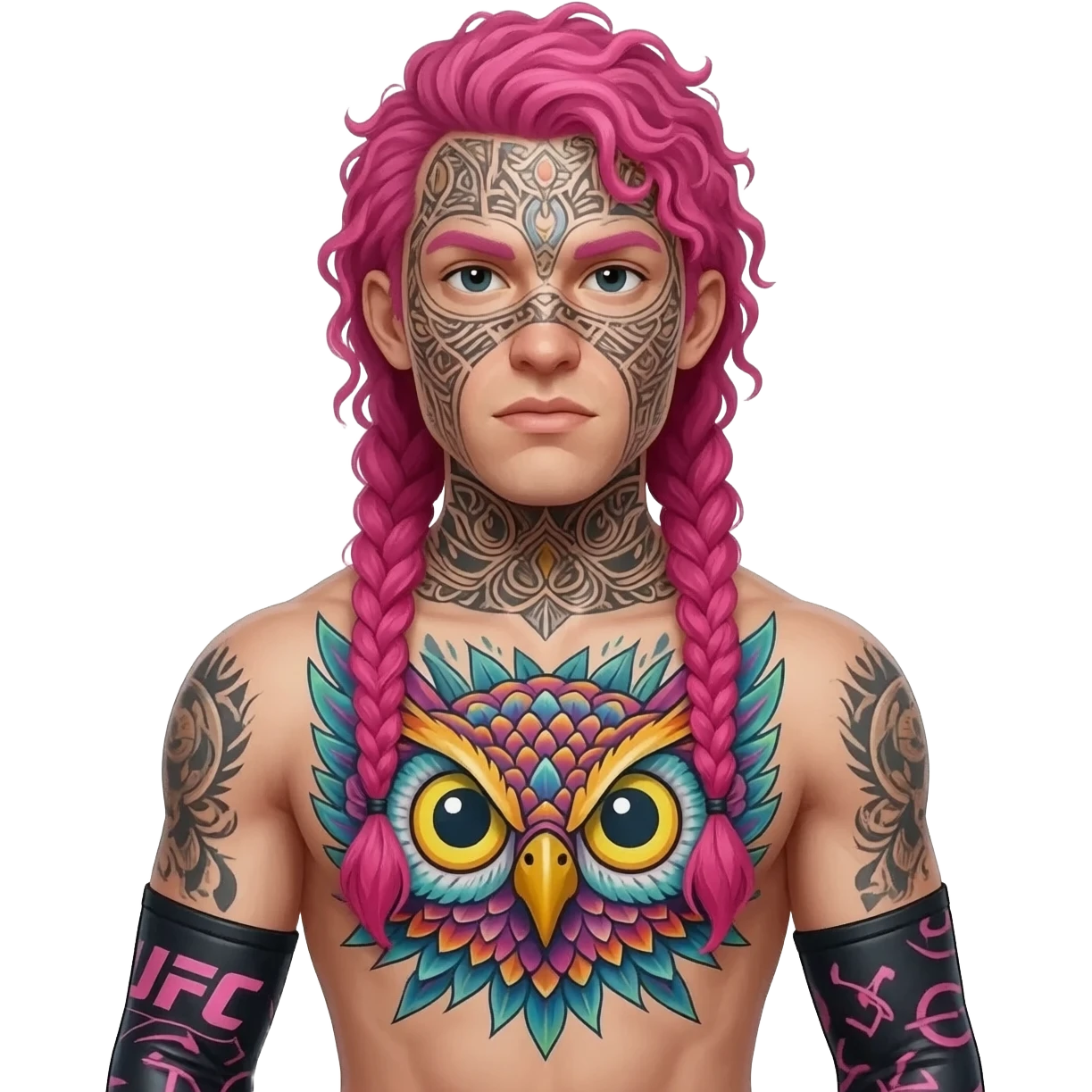 A skinny UFC fighter with curly longish pink hair in braids with face tattoos and a colorful owl tattoo on his chest with arm sleeves emoji