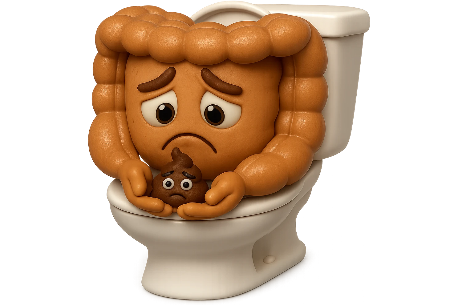 emoji stile iphone di un intestino realistico 3d che esce dal wc con in mano una montagnetta di feci con espressione triste a palline, iperrealistico 4k emoji
