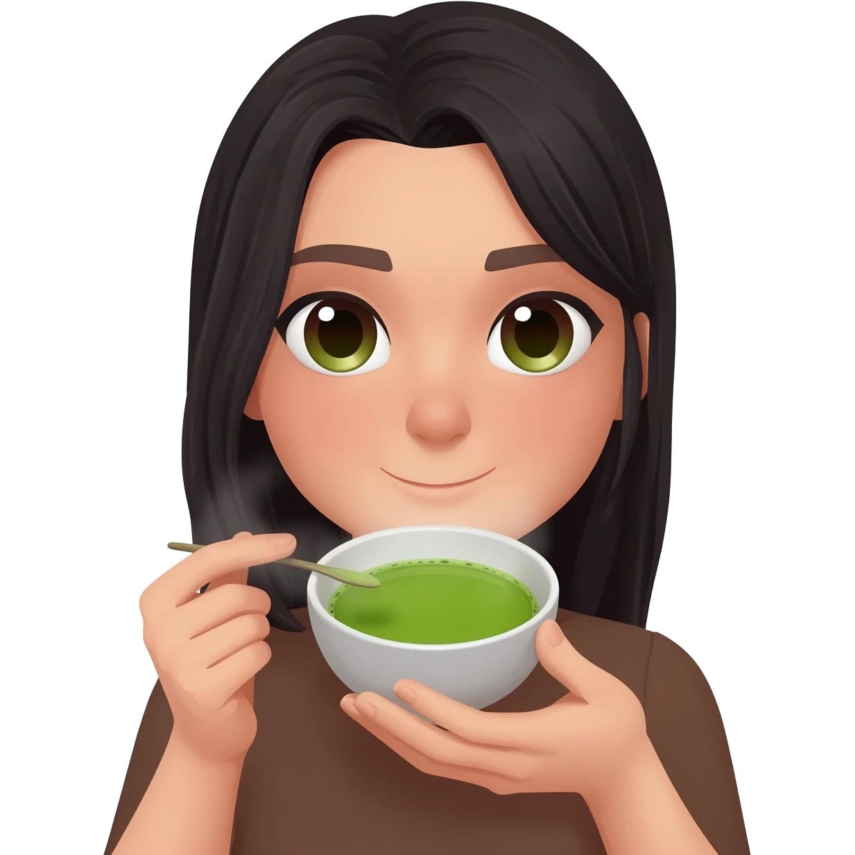 woman drink matcha black long hair green and brown eyes emoji
