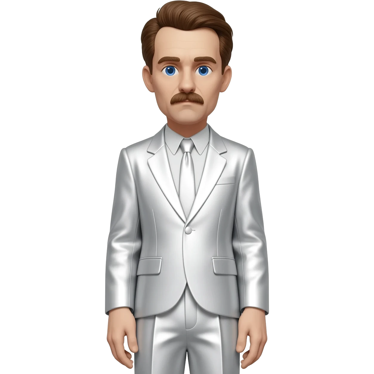 Sergei Eisenstein with blue eyes, brown hair, white metallic suit jacket and tie, white metallic baggy pants emoji