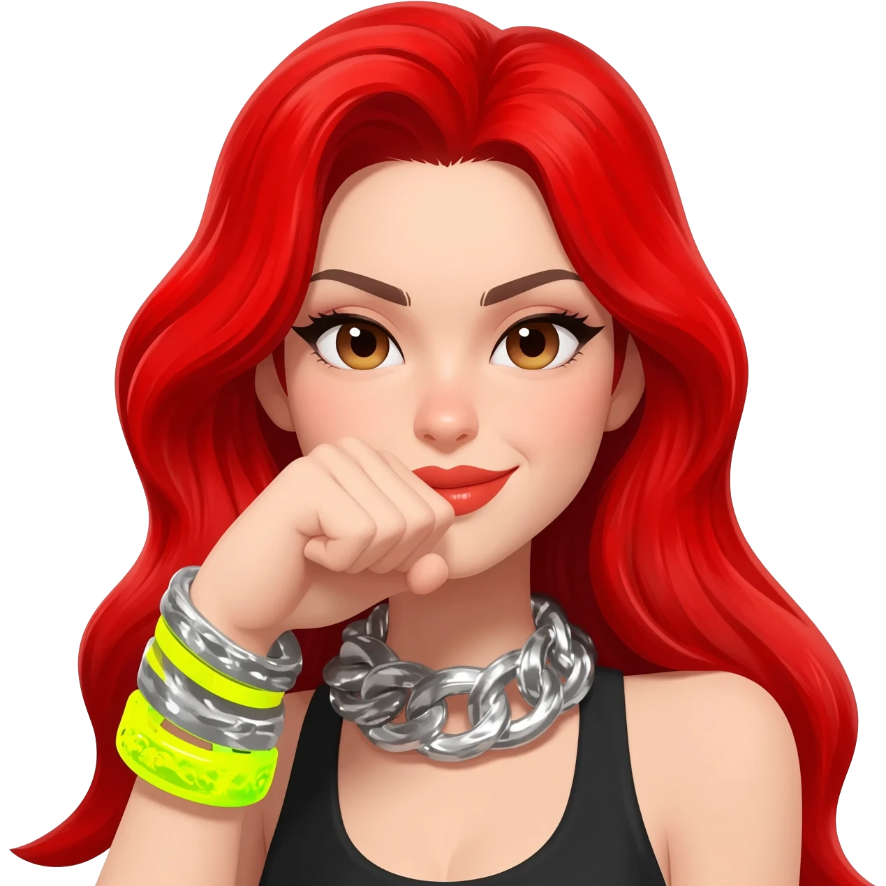 Not showing finger but fist on mouth and blowed mouth....she is red hair and tacky jewellery and cool....the hand is on her mouth and she is smirking and long hair emoji