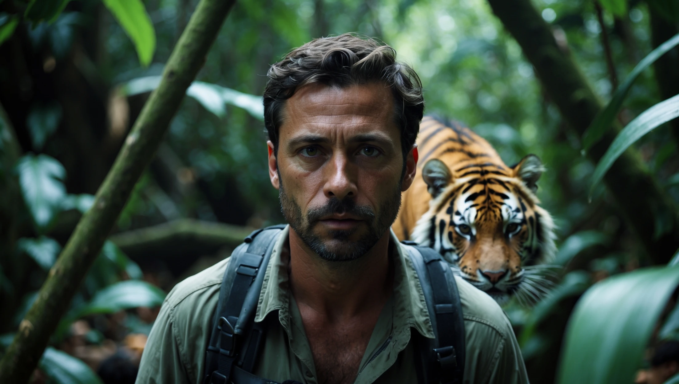 cinematic still, documentary photography, amazon jungle, well lit scene, man is exploring the jungle, close up, front shot, rule of thirds, tiger in background sneaking trying to jump on man emoji
